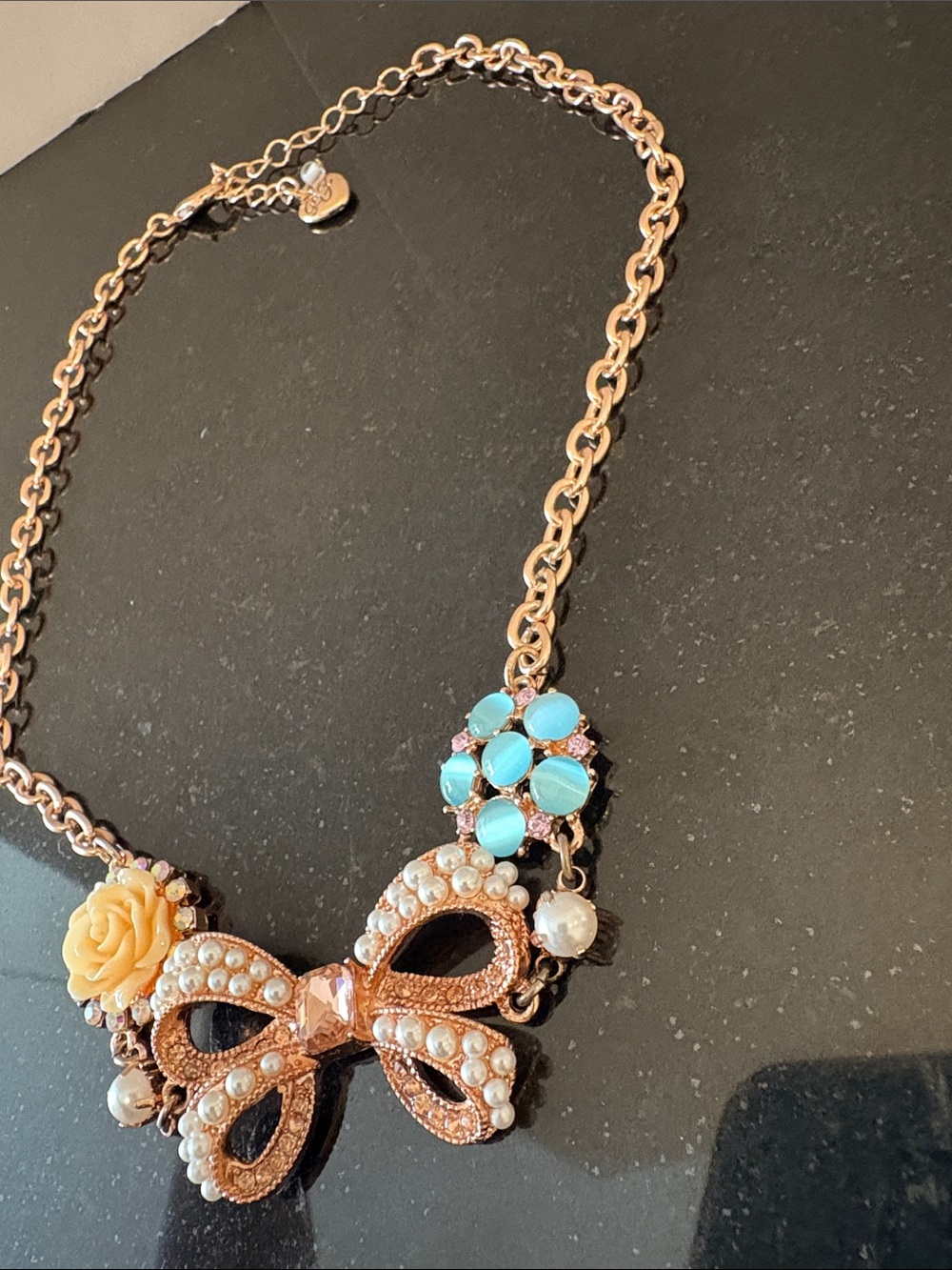 Gold-Tone Bow & Floral Statement Necklace - Yellow & Turquoise - Picture 3 of 6